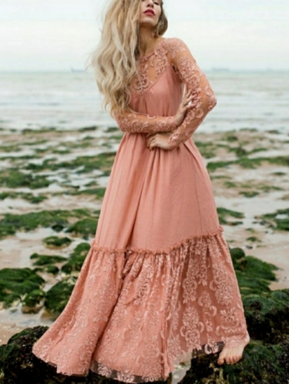 Joyfolie Giuliana Muted Coral Cottagecore Wedding Lace Overlay Dress - Picture 2 of 8